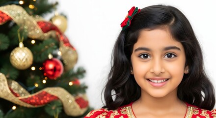 Smiling Little Girl in Red Dress Beside Decorated Christmas Tree Festive Portrait