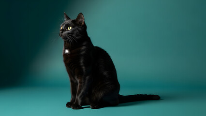 A sleek black cat with bright yellow eyes sits attentively against a teal background, looking to the left.