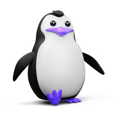 Sweet 3d cartoon penguin character standing with purple beak.