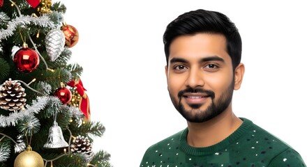 Smiling Young Man Portrait by Decorated Christmas Tree in Festive Studio