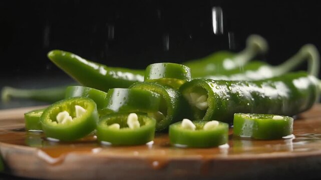 freshly sliced ​​green chilies being dropped onto a wooden cutting board