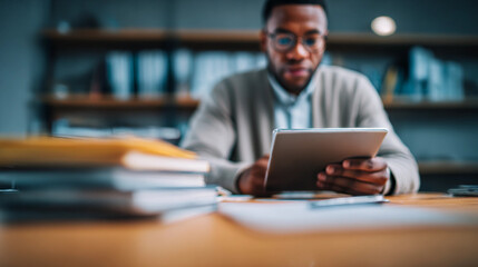 Man Using Digital Tablet at Desk, Educational Technology and Study Concept, Generative AI