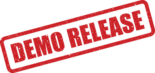 Red rectangular rubber stamp impression with grunge effect, displaying the words DEMO RELEASE for promotional documents