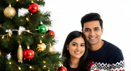 Happy Young Couple Smiling by Decorated Christmas Tree Indoors