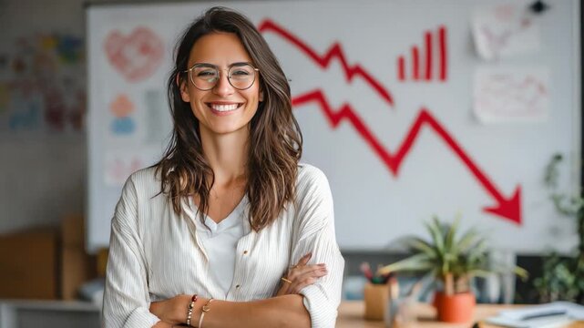 Confident Businesswoman: A poised and confident businesswoman with glasses stands confidently in front of a whiteboard displaying a downward trend, her smile radiates optimism and determination.