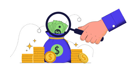 A business finance concept illustration with a hand holding a magnifying glass to inspect a bag full of money and coins.