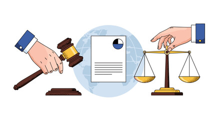 A legal concept illustration of international law with a gavel the scales of justice a document and a globe in view.