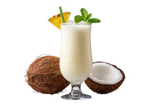 Creamy white tropical drink with pineapple slice mint and coconuts cocktail beverage, Png, Isolated on Transparent Background, Cut Out