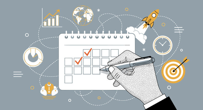 A retro stipple illustration of a hand marking a calendar for business planning with rocket and target goal icons nearby.