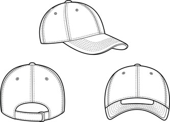 Baseball cap technical fashion sketch, front side back view, adjustable strap, curved brim, panel seams, cad drawing flat vector illustration