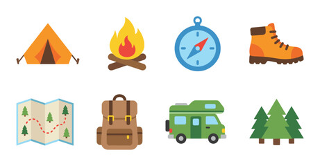 Eight colorful camping and hiking vector icons in a flat style, featuring essential gear and natural elements for outdoor adventure and travel © cheng