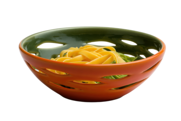 Orange and green ceramic bowl filled with yellow pasta and green leaves image, Png, Isolated on Transparent Background, Cut Out