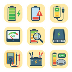 Diverse set of battery health and charging icons including power level, warning, multimeter, and power bank concepts