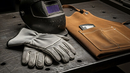 Welding helmet, leather gloves, and apron on a metal workbench, essential safety gear for industrial work