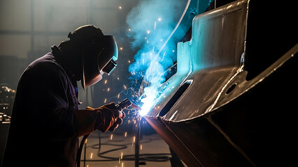 Industrial welder in protective gear creating bright sparks during metal fabrication in a dark factory workshop.