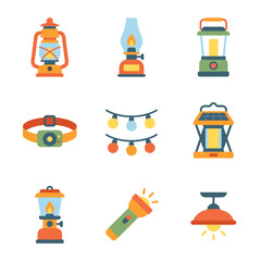 Diverse set of outdoor lighting icons including lanterns, headlamp, string lights, and flashlight for camping activities