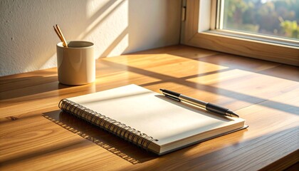 A minimal notebook and pen on a warm wooden desk, soft window light, gentle shadows and clean negative space for branding.
