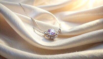 A delicate jewelry piece displayed on textured cloth with soft warm light and clean elegant composition.
