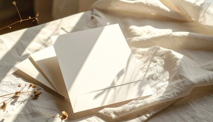 A blank greeting card placed on soft linen cloth with warm sunlight, gentle shadows and modern minimal stationery style.
