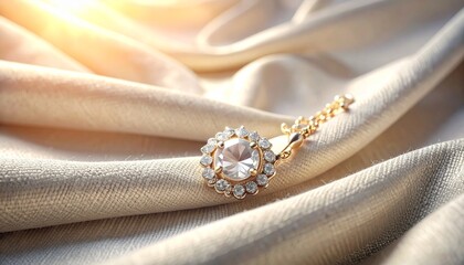 A delicate jewelry piece displayed on textured cloth with soft warm light and clean elegant composition.
