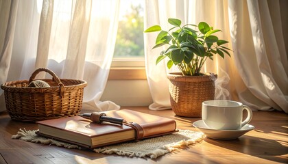 A warm wellness corner with journal, ceramic mug, soft daylight, linen cloth and natural textures for calm lifestyle product placement.
