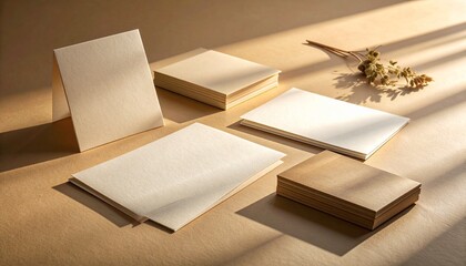 A blank greeting card placed on soft linen cloth with warm sunlight, gentle shadows and modern minimal stationery style.
