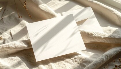 A blank greeting card placed on soft linen cloth with warm sunlight, gentle shadows and modern minimal stationery style.
