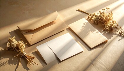 A warm-toned stationery scene with matte paper cards, linen textures, soft shadows and clean negative space for refined brand presentation.
