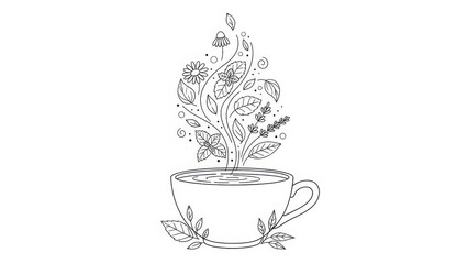 Line art drawing of herbal tea cup with floral and plant elements emitting steam design