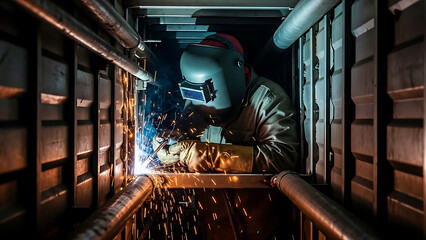 Industrial arc welding in confined space, worker in protective gear with bright sparks and molten metal