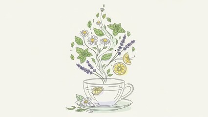 Herbal tea infusion illustration with chamomile lavender lemon and mint elements offering a