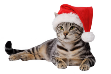 Tabby cat wearing a santa hat isolated on transparent background