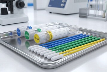 Sterile specimen collection tubes with color-matched swabs on a metal tray in a clean, professional laboratory setting, with lab equipment in the background.