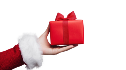 A hand holding a red gift box with a red ribbon against a white background.