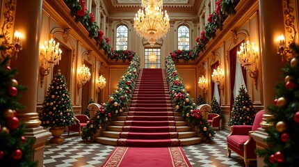 Luxury Christmas Staircase Interior with Red Carpet and Festive Decorations