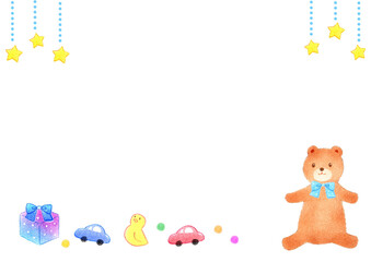 フレーム素材 可愛いくまのぬいぐるみ 男の子 手描きイラスト 赤ちゃん 子供向け パステル 色鉛筆 水彩風 Frame Material: Cute Teddy Bear, Boy, Hand-Drawn Illustration, Baby, Children's, Pastel, Colored Pencil, Watercolor Style