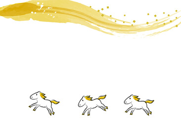 金色の筆模様と駆ける馬の年賀フレーム（和風・午年）