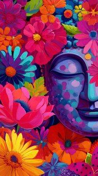 Colorful floral pattern with a serene Buddha face in the center
