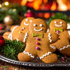 Gingerbread men cookies on a silver tray with Christmas decorations and fireplace in the background.
