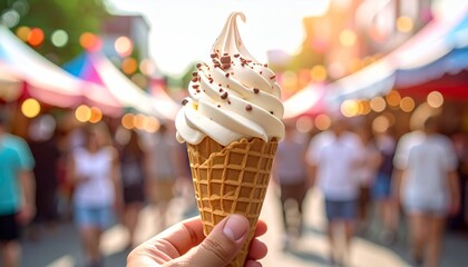 Hand holding a delicious soft-serve ice cream cone with sprinkles at a vibrant outdoor festival.