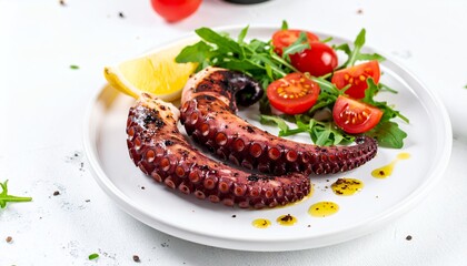 Grilled Octopus Tentacles with Fresh Salad and Lemon Wedge on a White Plate, Mediterranean Seafood Dish.