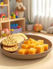 Healthy and Delicious Snack Plate for Kids with Cheese Cubes, Crackers, and Bread in a Playroom Setting.