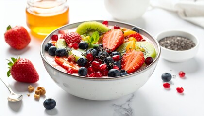 Healthy breakfast bowl with fresh berries, kiwi, and honey on a white table.