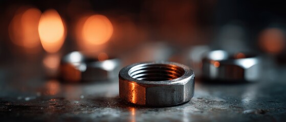 Obraz premium Close-Up of Metal Bolt Nut with Warm Industrial Lighting on Rustic Surface