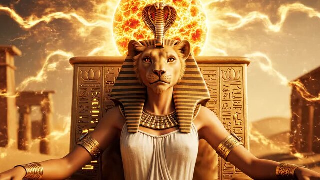 Divine feline human hybrid on throne with cobra crown, gold, and energy