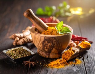 Herbal Spices and Ingredients in Mortar and Pestle with Turmeric, Ginger, and Various Spices on Wooden Table.