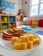 Healthy Snack Plate with Cheese, Crackers, and Apple Slices in a Bright Playroom.