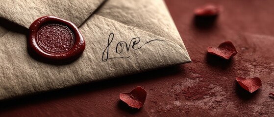 Romantic Vintage Envelope with Wax Seal and Handwritten Love Message on Red Background