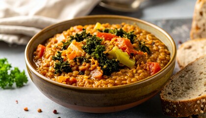 Hearty Lentil Stew with Fresh Vegetables and Herbs Served with Sliced Bread.