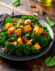 Healthy Kale and Roasted Butternut Squash Salad with Nuts and Seeds.